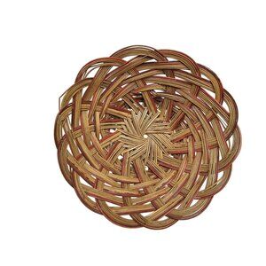 Handcrafted Woven Rattan Basket Centerpiece 8.75" Diameter Brown Red Accents